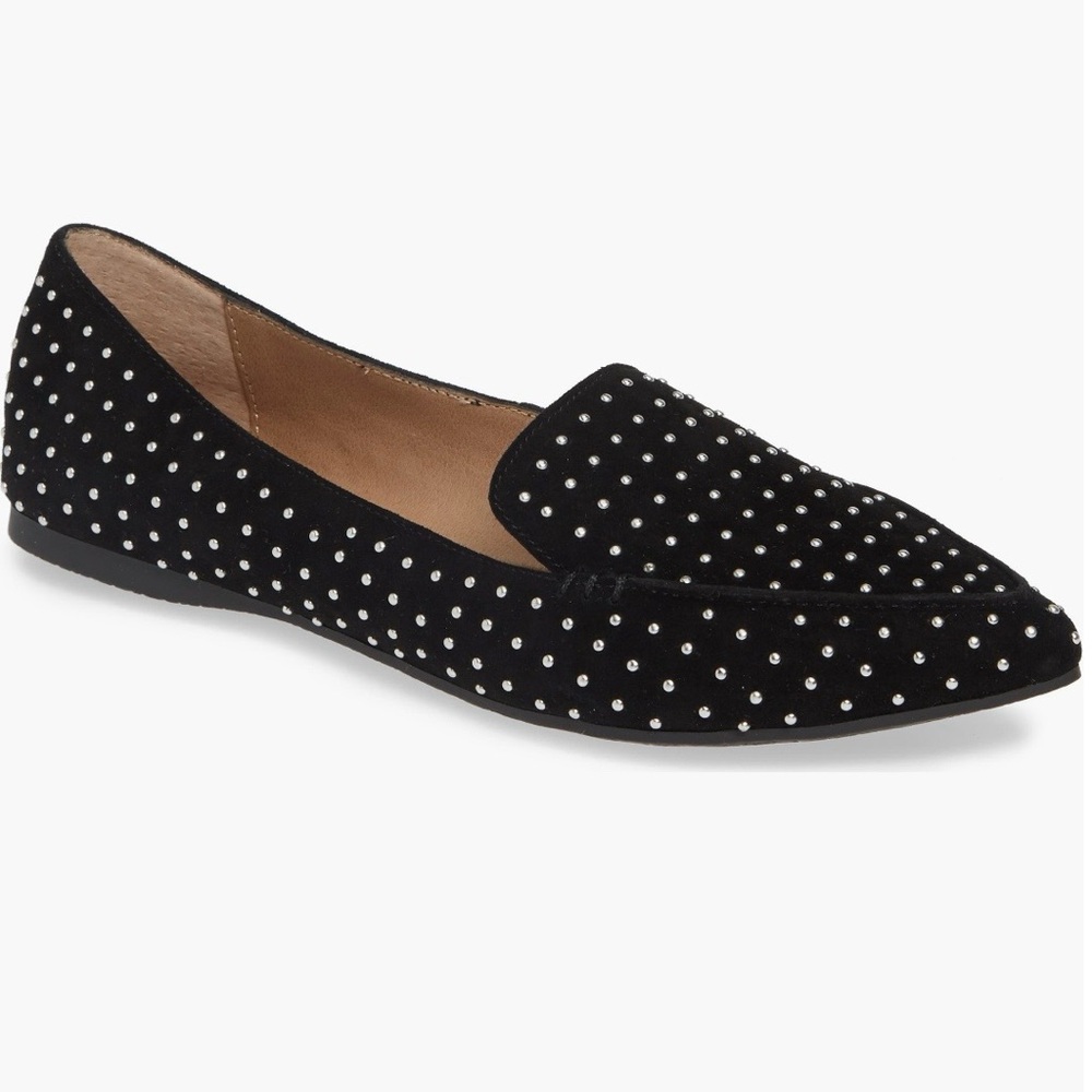 Nordstrom Steve Madden Feather Black Suede Silver Studded Loafers. EUC. Size 8.